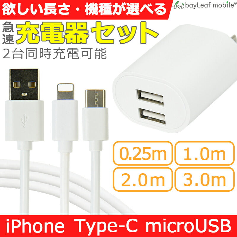 ACアダプター ACアダプタ 充電器セット ケーブルセット USB コンセント 2口 2.4A iphone充電器 type-c タイプC 充電器 PSE認証