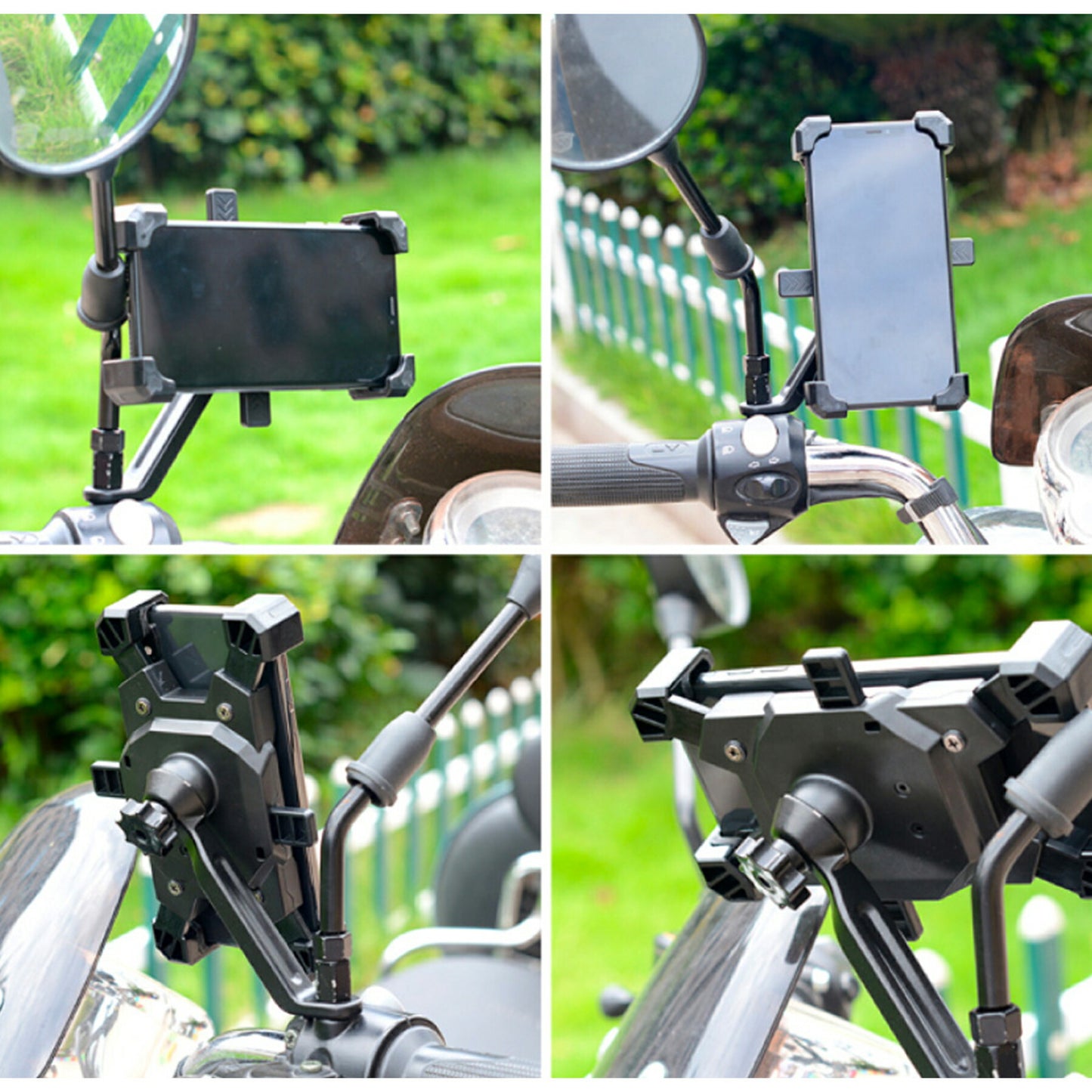 自転車 スマホホルダー バイク 原付 スマホスタンド スマホ ホルダー 携帯ホルダー ロードバイク ワンタッチ ワンプッシュ着脱 ハンドル固定 バックミラー固定 360度回転 振動軽減 多機種対応 角度調整 脱着簡単