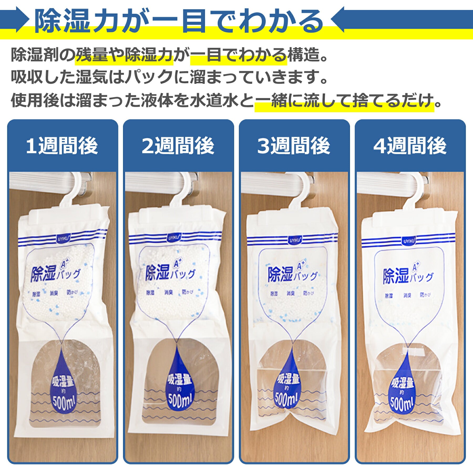 吊り下げ 除湿 パック 掛けるだけ 設置 簡単 除湿剤 湿気取り 防カビ 除湿 湿気 対策 フック付き 乾燥剤 クローゼット タンス 押し入れ トイレ 収納 服 洋服 500ml