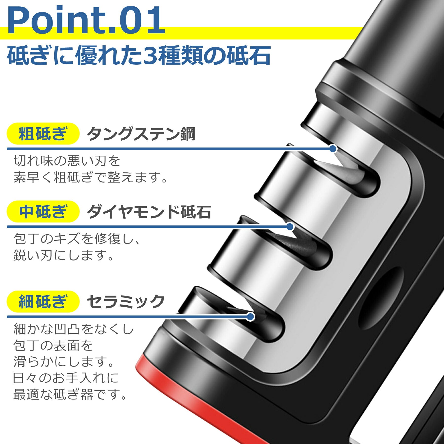 包丁 研ぎ器 シャープナー 3段階式 包丁磨き 砥石 仕上げ 研磨 切れ味向上 ダイヤモンド セラミック タングステン 滑りにくい コンパクト 長持ち 高耐久性