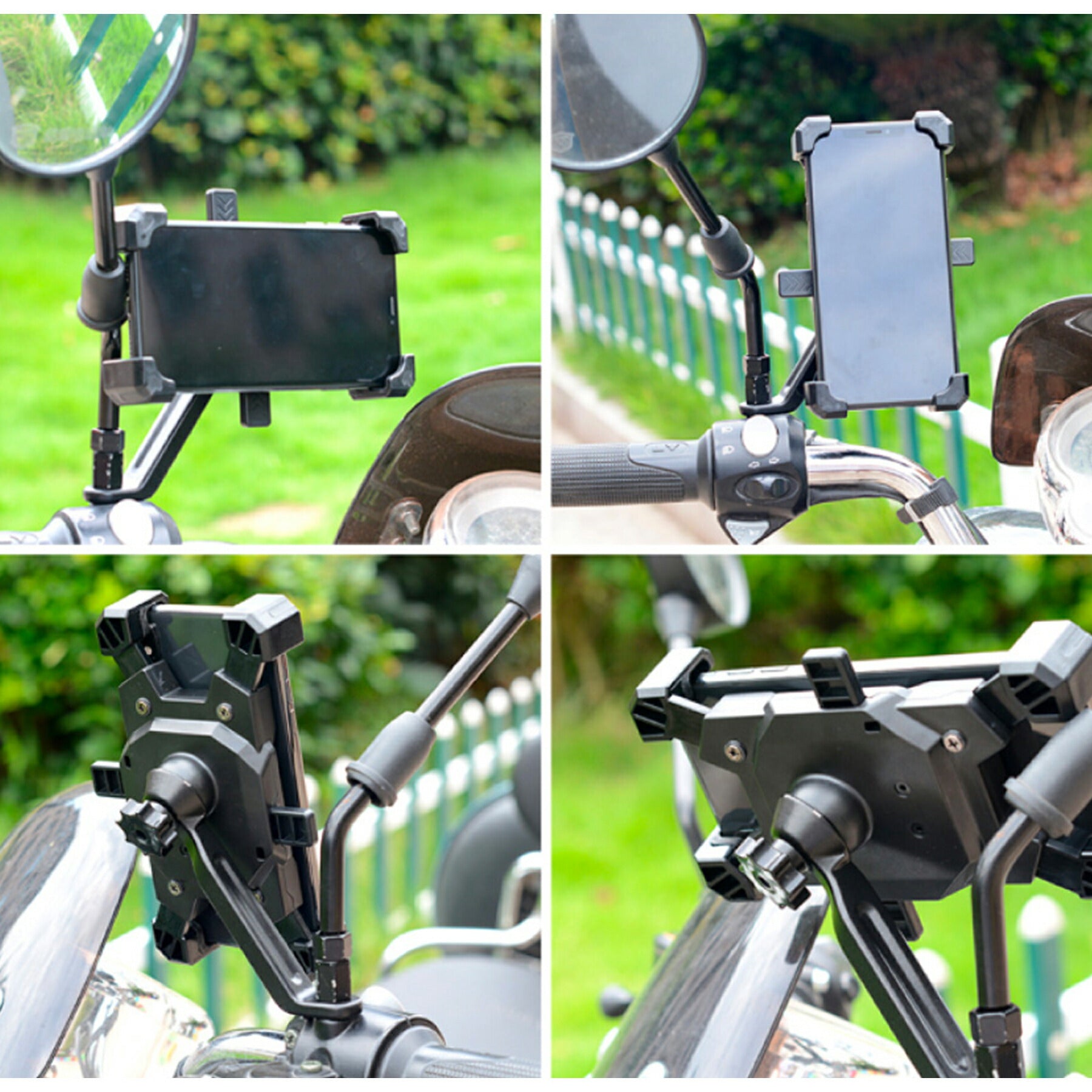 自転車 スマホホルダー バイク 原付 スマホスタンド スマホ ホルダー 携帯ホルダー ロードバイク ワンタッチ ワンプッシュ着脱 ハンドル固定 バックミラー固定 360度回転 振動軽減 多機種対応 角度調整 脱着簡単