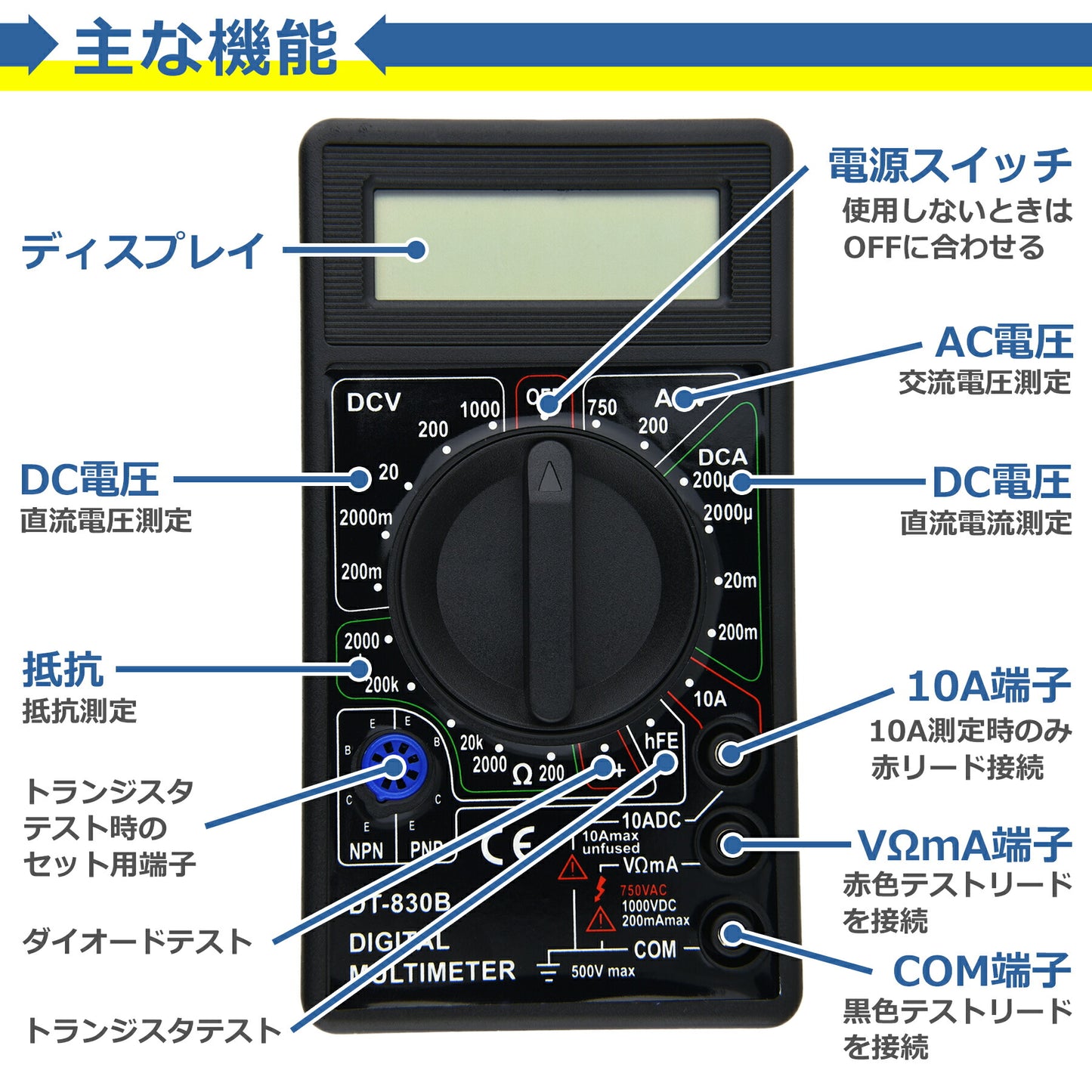 デジタルテスター 小型 高性能 高精度 軽量 コンパクト 携帯 整備 配線 導通 電池 バッテリー チェック 電圧 電流 抵抗 測定 計測 測定器 電子工作 DIY