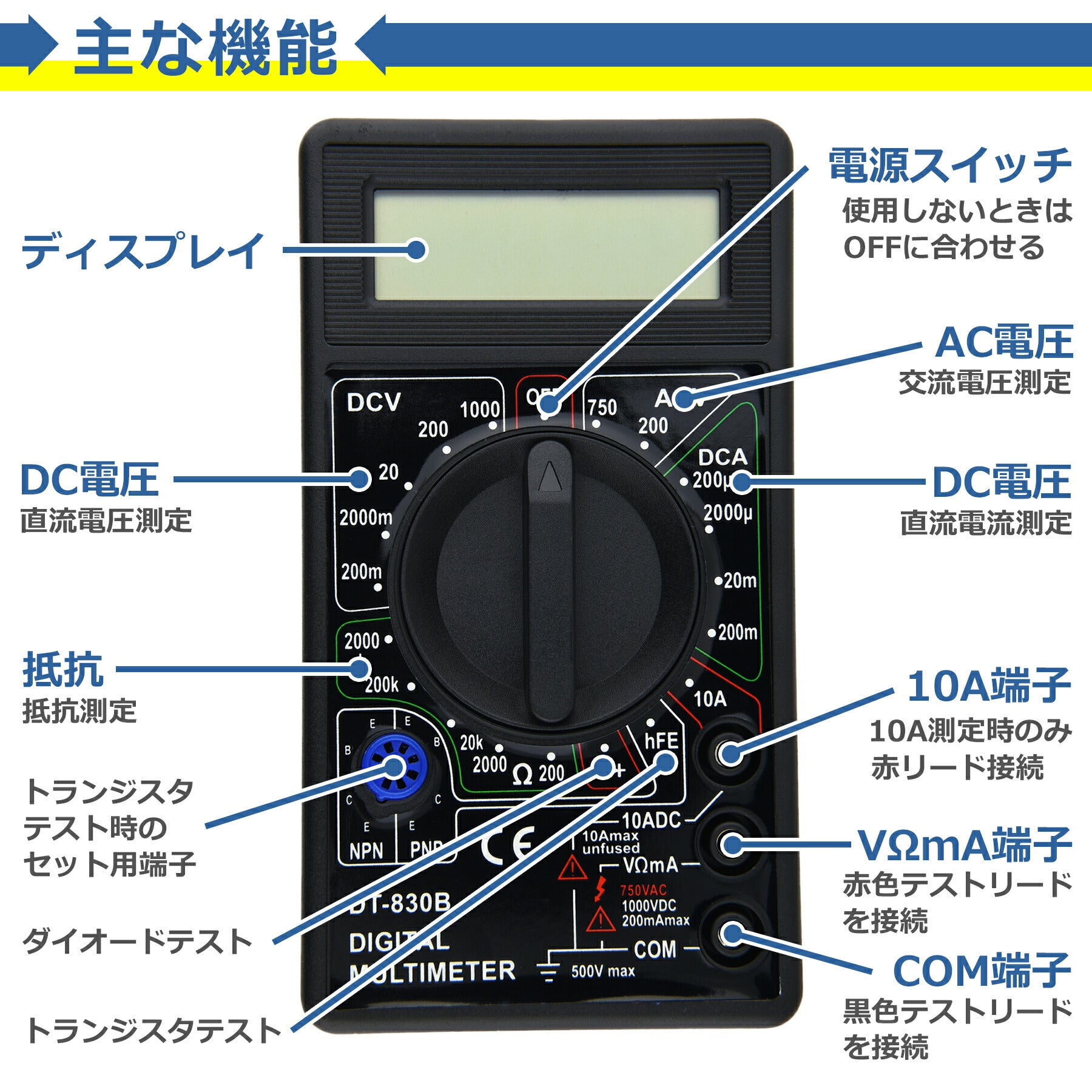 デジタルテスター 小型 高性能 高精度 軽量 コンパクト 携帯 整備 配線 導通 電池 バッテリー チェック 電圧 電流 抵抗 測定 計測 測定器 電子工作 DIY