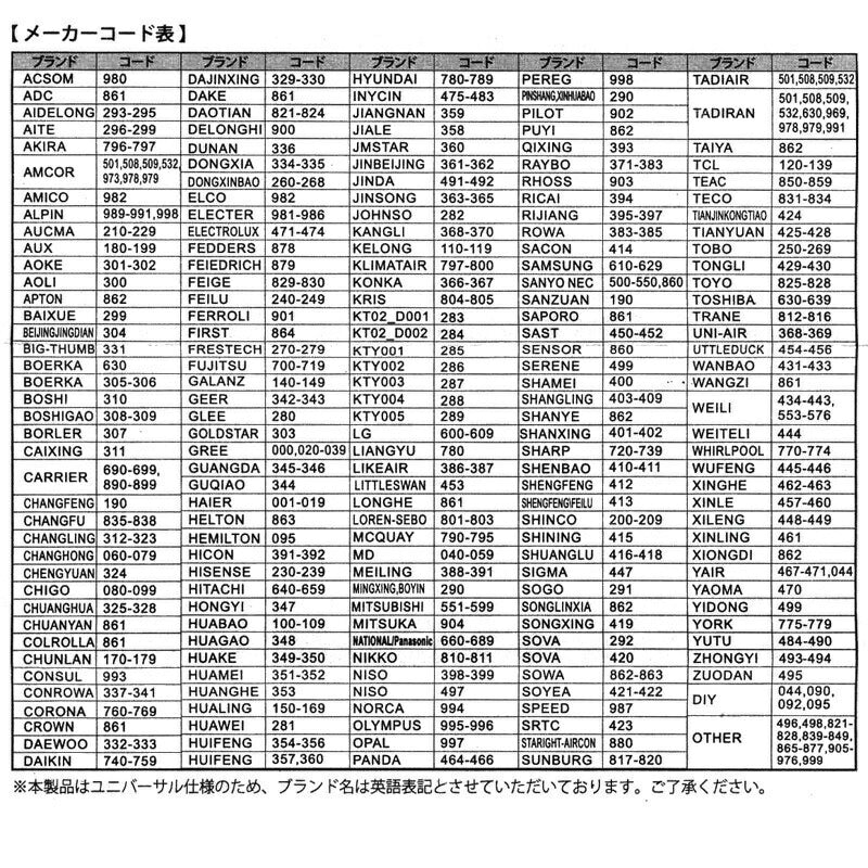 エアコン リモコン 汎用 日本語説明書付き 日本語 対応 表記 万能 日立 東芝 ナショナル ダイキン 三菱 パナソニック 等 国内メーカー対応 冷房 暖房