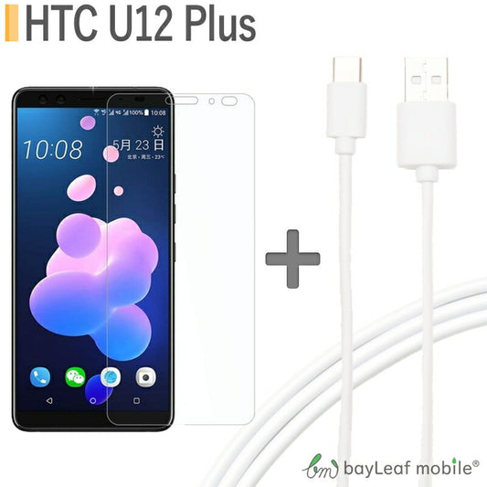 HTC U12 Plus ガラスフィルム 国産ガラス 硬度9H 飛散防止処理 2.5D ラウンドエッジ加工 USB Type-C ケーブル 約1m 充電ケーブル USB2.0 タイプC 対応