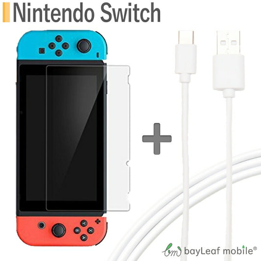 Nintendo Switch USB Type-C ケーブル 25cm + 目に優しいクリアガラスフィルム セット！高速充電＆データ転送にも対応した充実機能 液晶 画面 保護フィルム