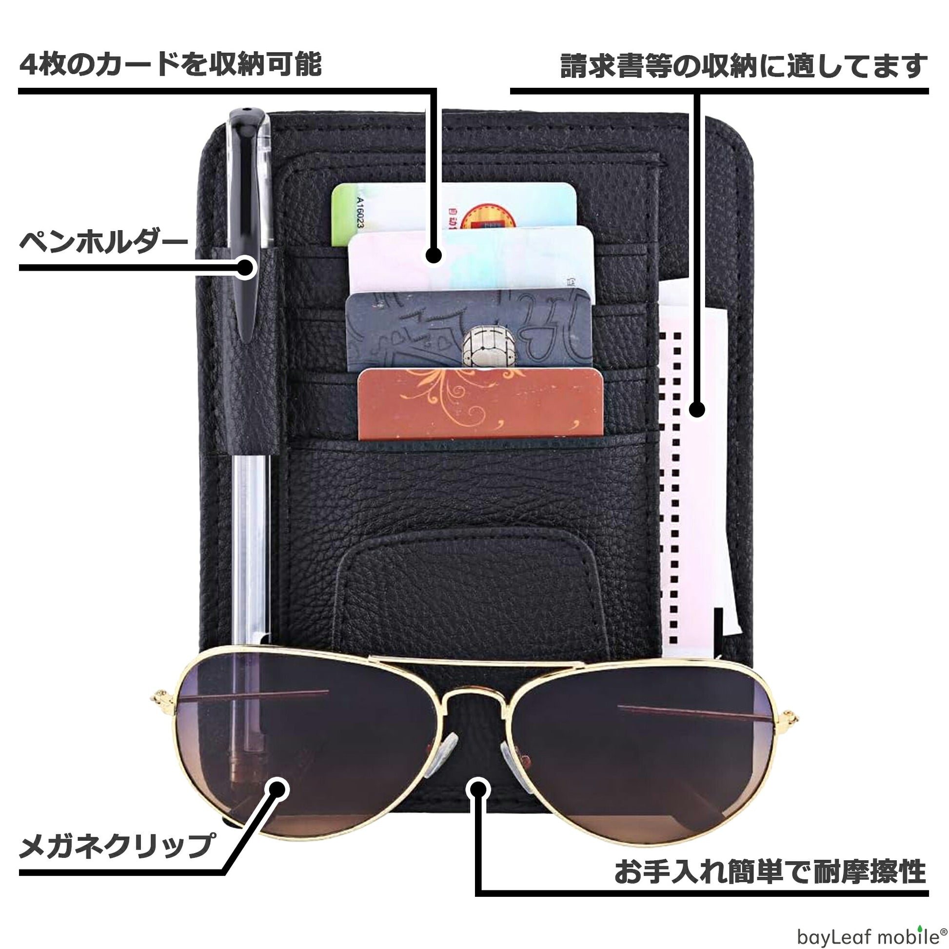 車用 サンバイザー 収納 ホルダー ポケット カード PU レザー 耐熱性 耐摩耗 自動車 カー用品 ドライブ 通勤 車載アクセサリ 多機能 整理 ペン 領収書 駐車券 スマホ